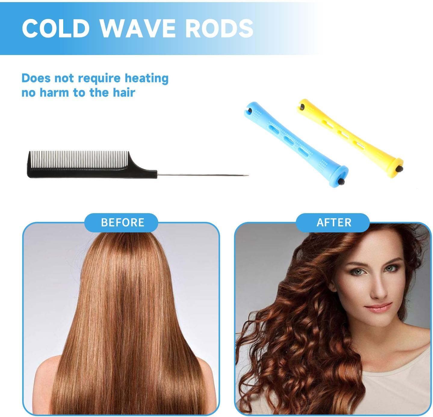Perm Rollers Small Curlers Small Perm Set Complete 0.35/0.27 Inch Hair Perm Rods with Steel Spit Comb for Long Short Hair Styling Tool Blue/Yellow Pack of 24