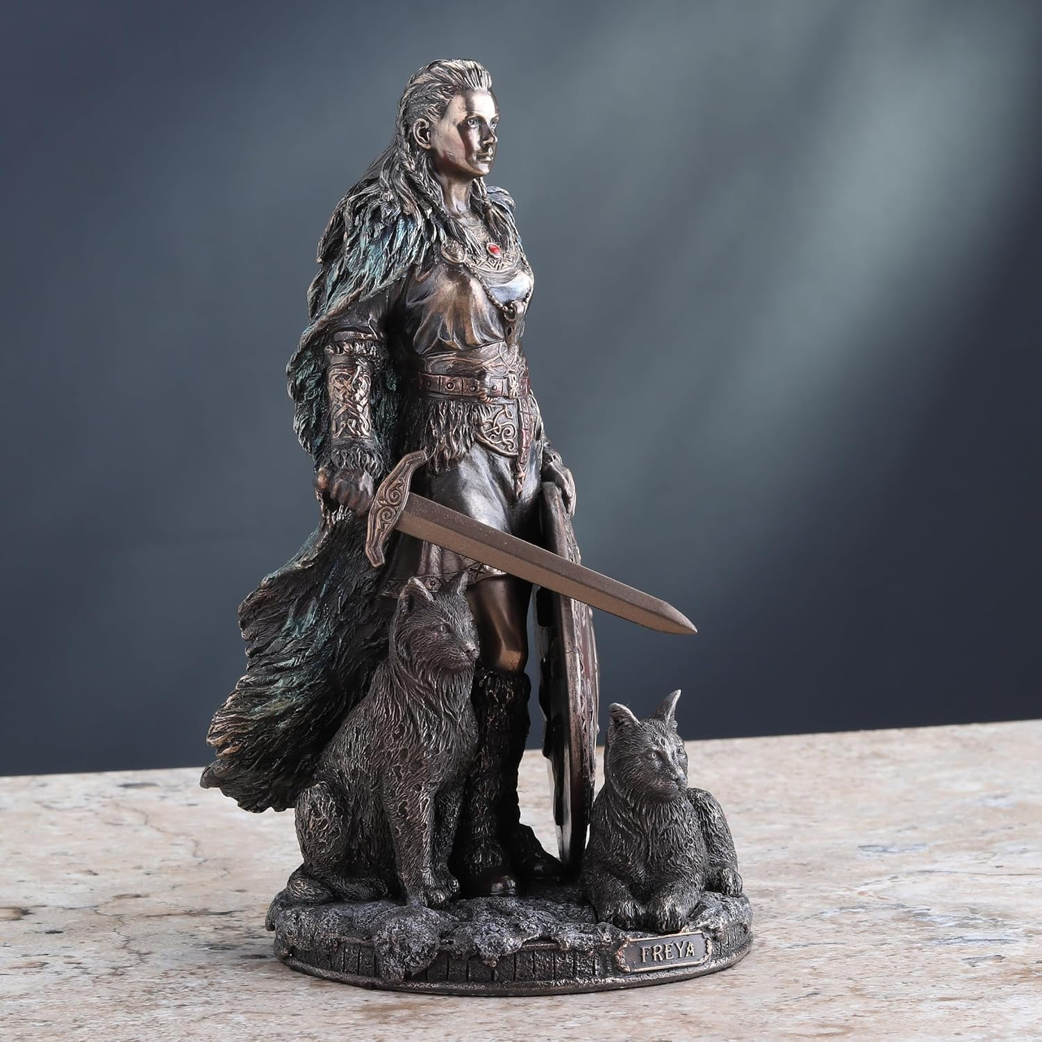 Veronese Design 8 1/4 Shield Maiden Freya Norse Goddess of Love Beauty and War Cold Cast Resin Sculpture Antique Bronze Finish Statue image number 3