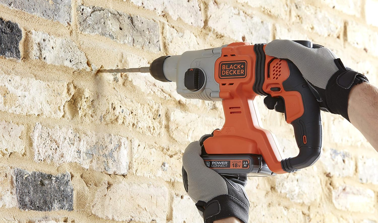 Black+Decker 18 V Sds-Plus Cordless Combination Hammer (1.2 Joules, for Effective Drilling, Impact Drilling and Light Chiseling, LED Work Light, Includes 2X Batteries, Charger, Case, 1X 6 Mm Drill)