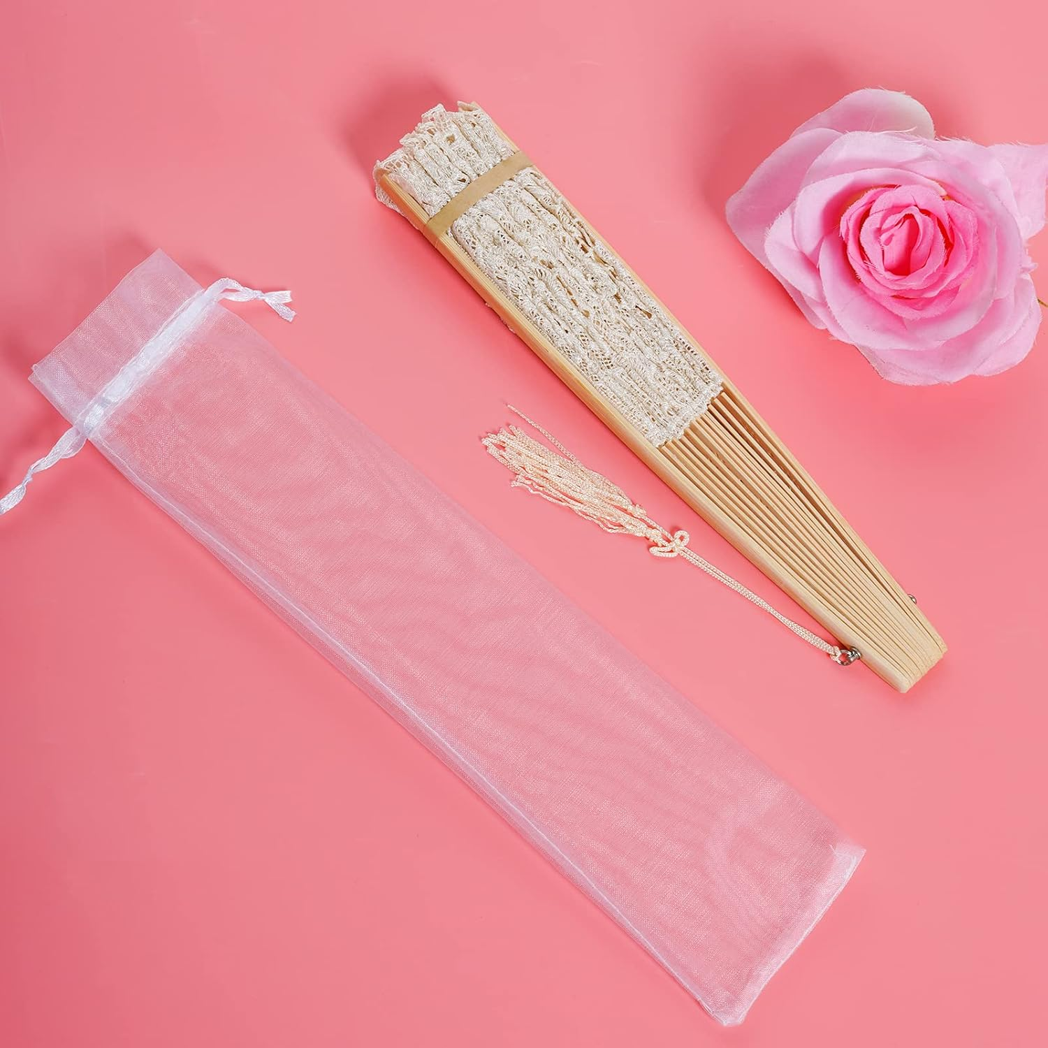 Choyaxo Cotton Lace Folding Hand Fans Embroidered Flowers Pattern Handheld Fans for Costume Weddings Dancing Party DIY Bridal Hand Fan (Beige) image number 3