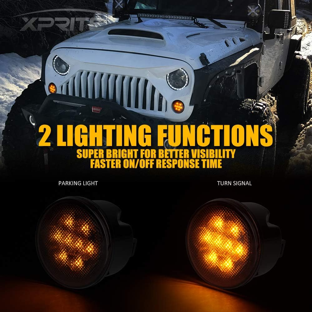 Xprite LED Smoke Lens Turn Signal Lights with Parking Function & Front Fender Side Marker Amber Light Assembly Combo for 2007-2018 Jeep Wrangler JK & Wrangler Unlimited image number 3