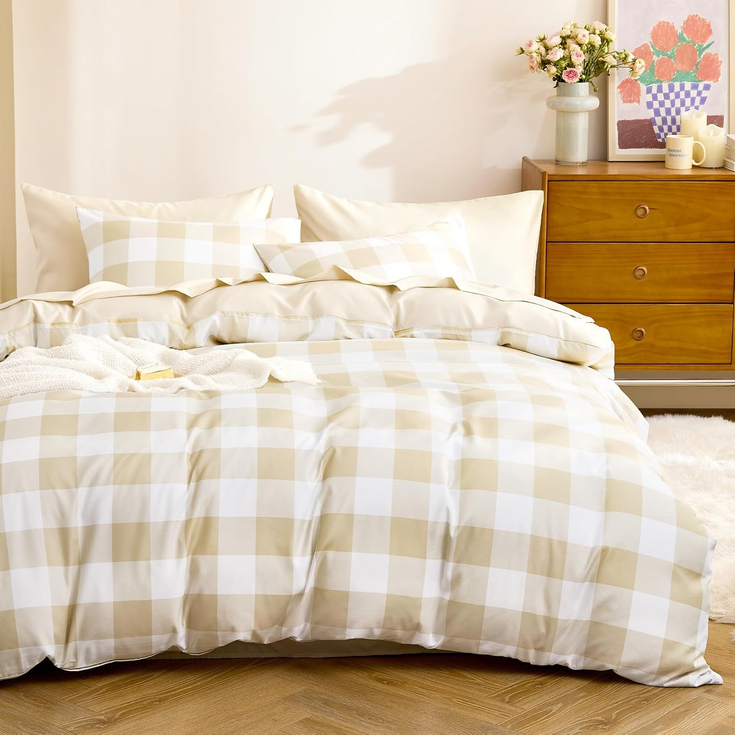 Wake in Cloud - Gingham Quilt Cover Set, Plaid Buffalo Checked Pattern Printed, 1000TC Ultra Soft Microfiber Doona Duvet Cover Bedding, 3 Pieces, Light Grey White, Queen Size