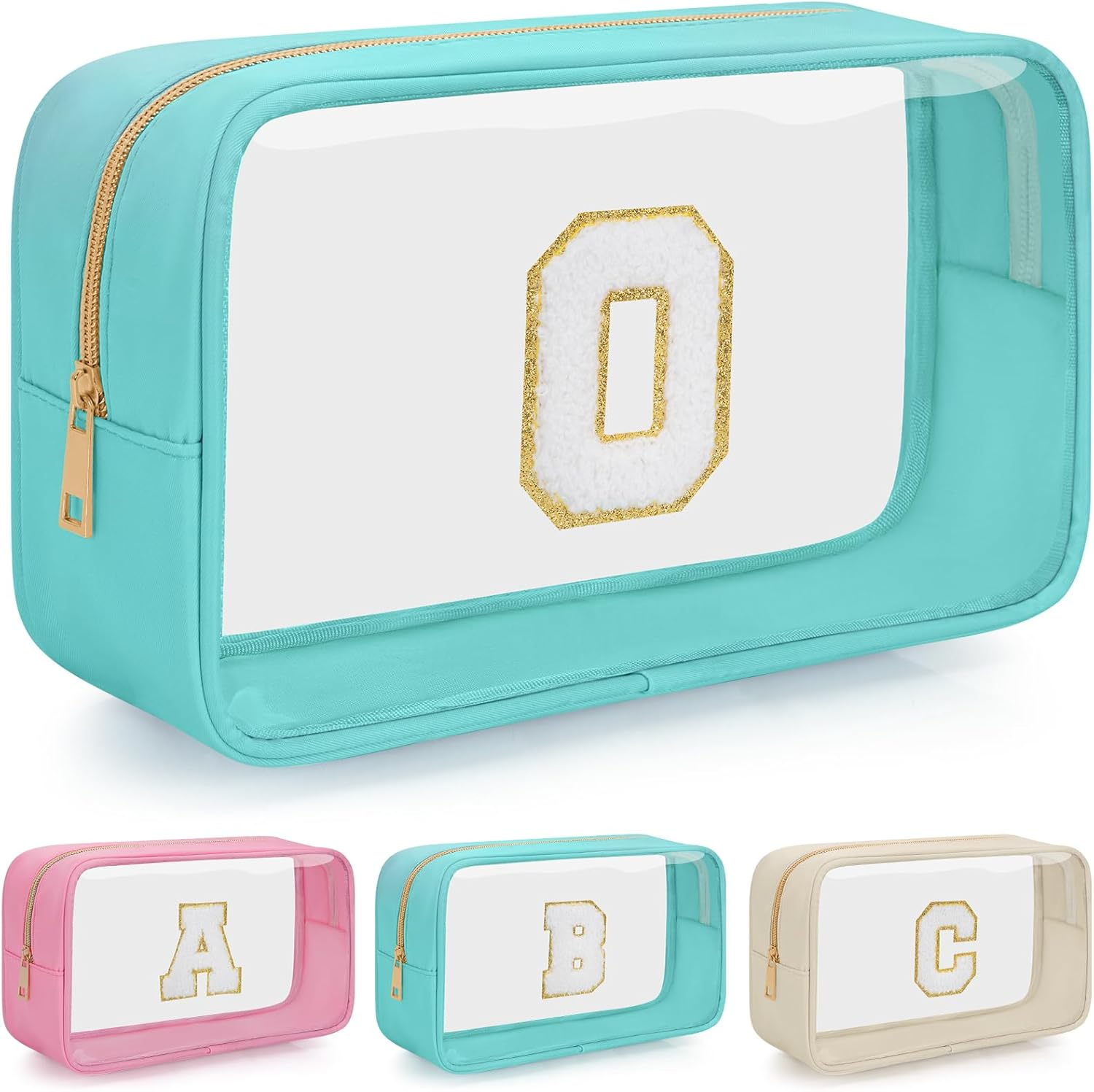 WELIDAY Personalized Initial Makeup Bag, Travel Chenille Patch Cosmetic Bag, Preppy Corduroy Toiletry Bag Monogram Cosmetic Pouch with Zipper, Ideal Gift for Teen Girls Women (Ivory White, V)