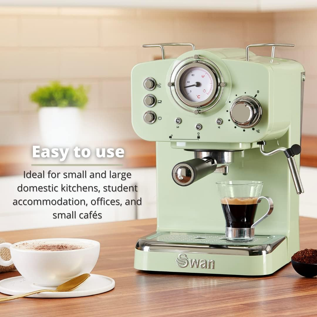 Swan SK22110GN Retro Espresso Coffee Machine with Milk Frother, Steam Pressure Control, 1.2L Detachable Water Tank, 1100W, Retro Green image number 1