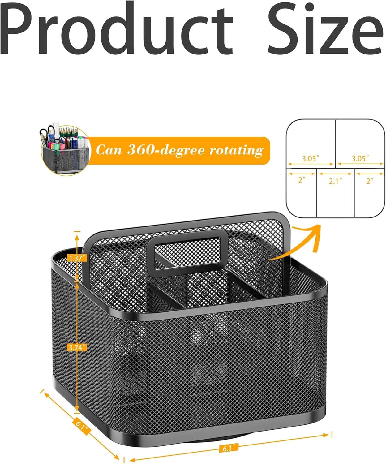 360-Degree Rotating Metal Desk Pencil Holder, 5-Slot Office Pen Cup Organizer for School, Home (Square)