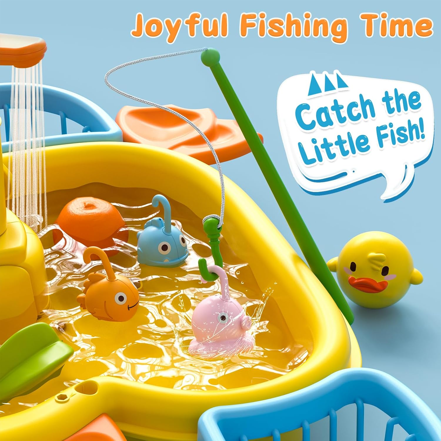 3-In-1 Play Sink with Running Water, Kids Kitchen Sink Toys with Electric Duck Faucet, Pretend Play Kitchen Accessories, Play Food, Water Slide Track, Pool Floating Fishing Game Boys Girls image number 1