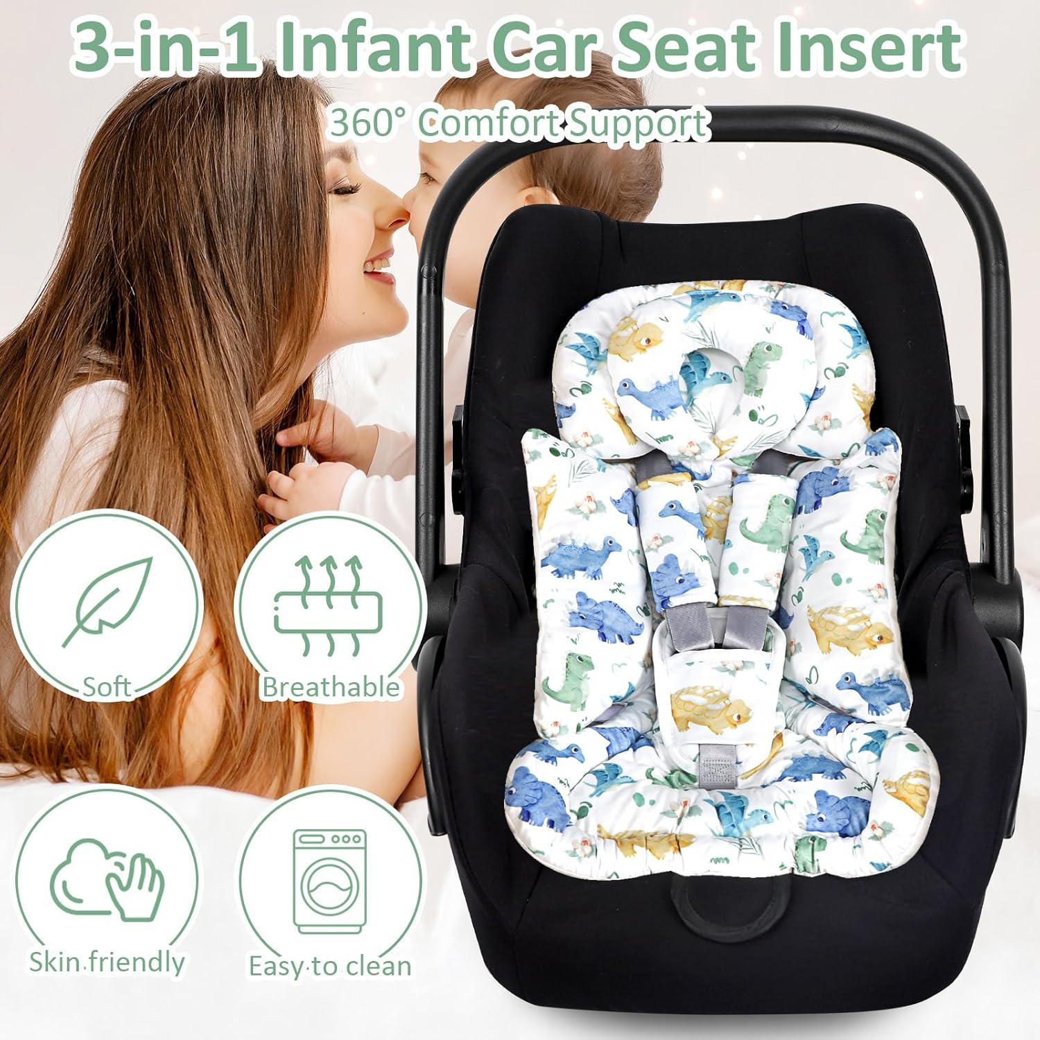 TANOFAR Infant Car Seat Insert for Preemies & Newborns, Baby Car Seat Insert with Removable Head Support, Universal Head and Body Support Pad for Car Seat, Stroller & Swing(Dinosaur) image number 1
