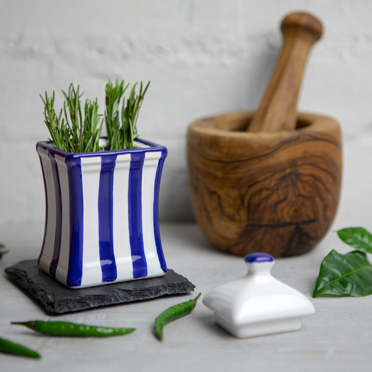 Handmade Dark Navy Blue Stripe Small 5.3Oz/150Ml Ceramic Kitchen Herb, Spice, Storage Jar with Lid, Pottery Canister, Housewarming Gift by City to Cottage image number 6