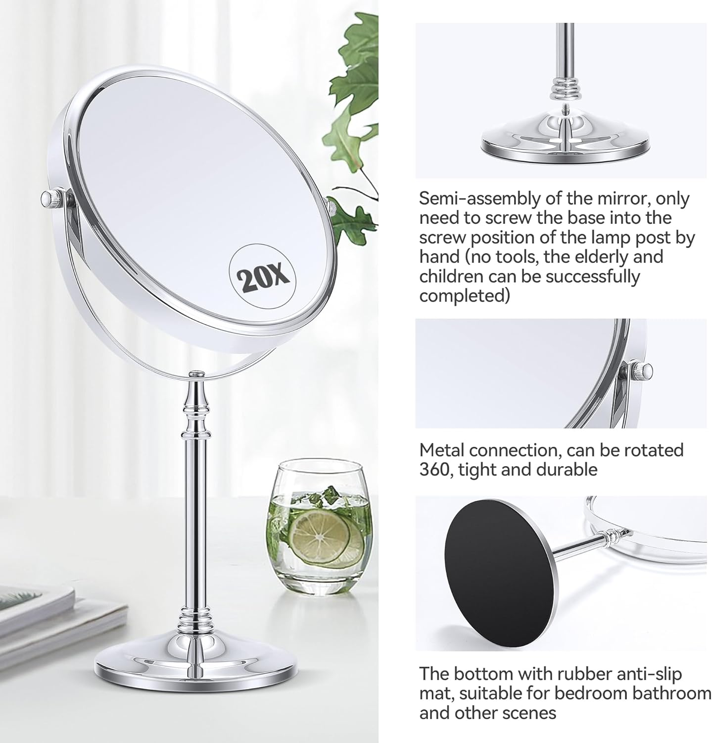 MIYADIVA Magnifying Mirror 20X, Double Sided 1X & 20X Magnifying Mirror on Stand, Large Tabletop Magnified Vanity Mirror, Magnified Mirror with 360&deg;Rotation for Bathroom or Bedroom,8.6 Inches image number 2