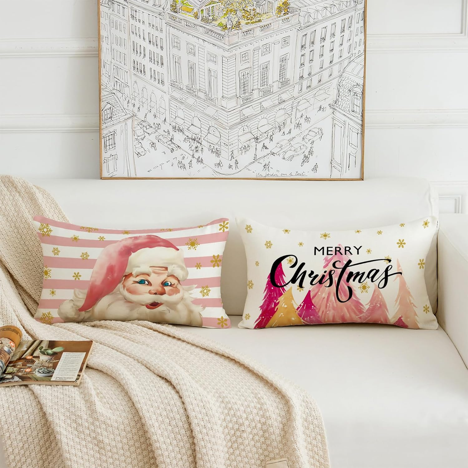 HOMFREEST Christmas Throw Pillow Covers 12X20 Inches Stripes Pink Santa Claus Pillowcases Xmas Decorative Cushion Cases for Couch Sofa Set of 2 image number 2