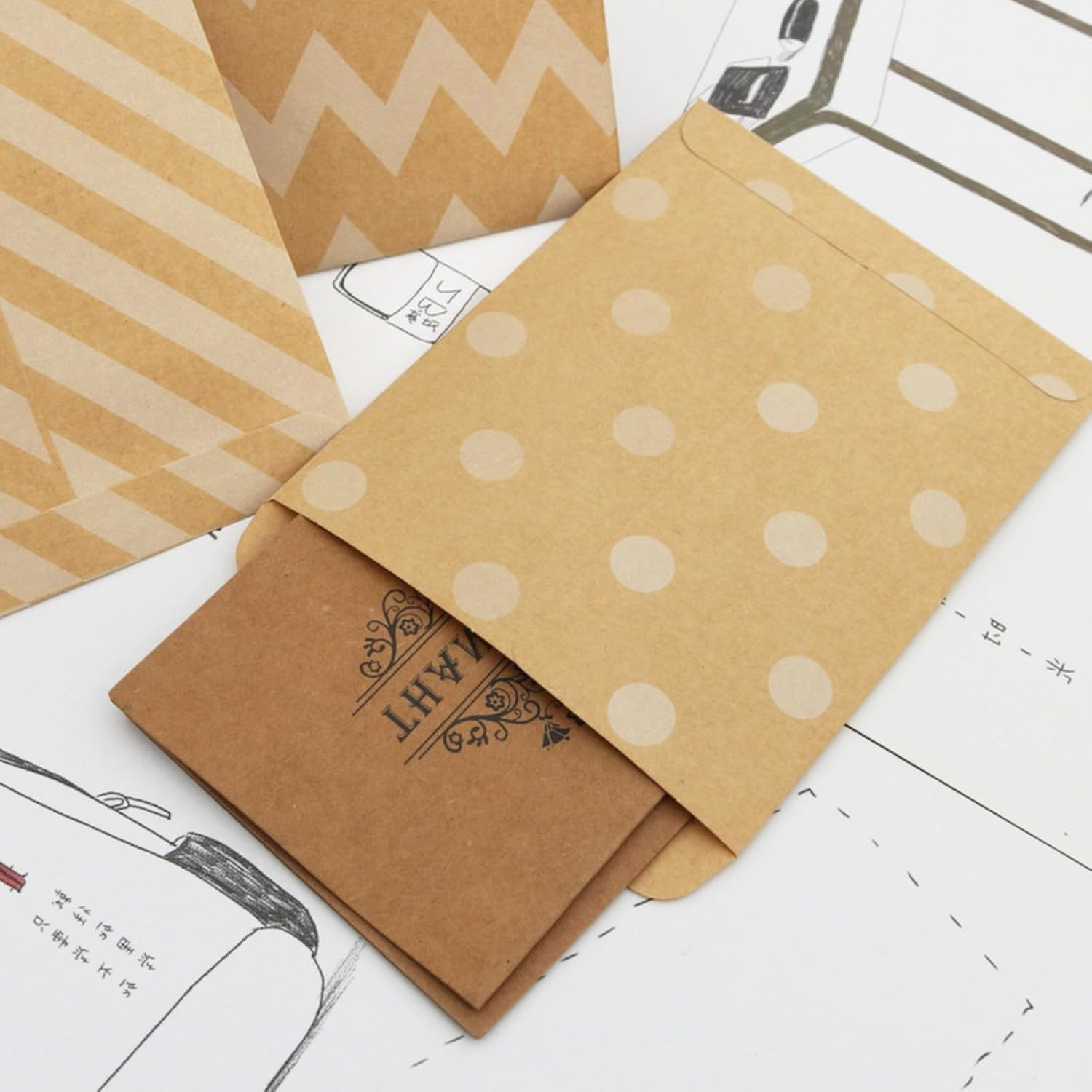 MAIHUO 60 Pcs Mini Gift Bags,Party Kraft Paper Bag with Thank You Stickers,Small Goodie Bag,4 Patterns Greeting Card Envelope,9X11.5Cm image number 6