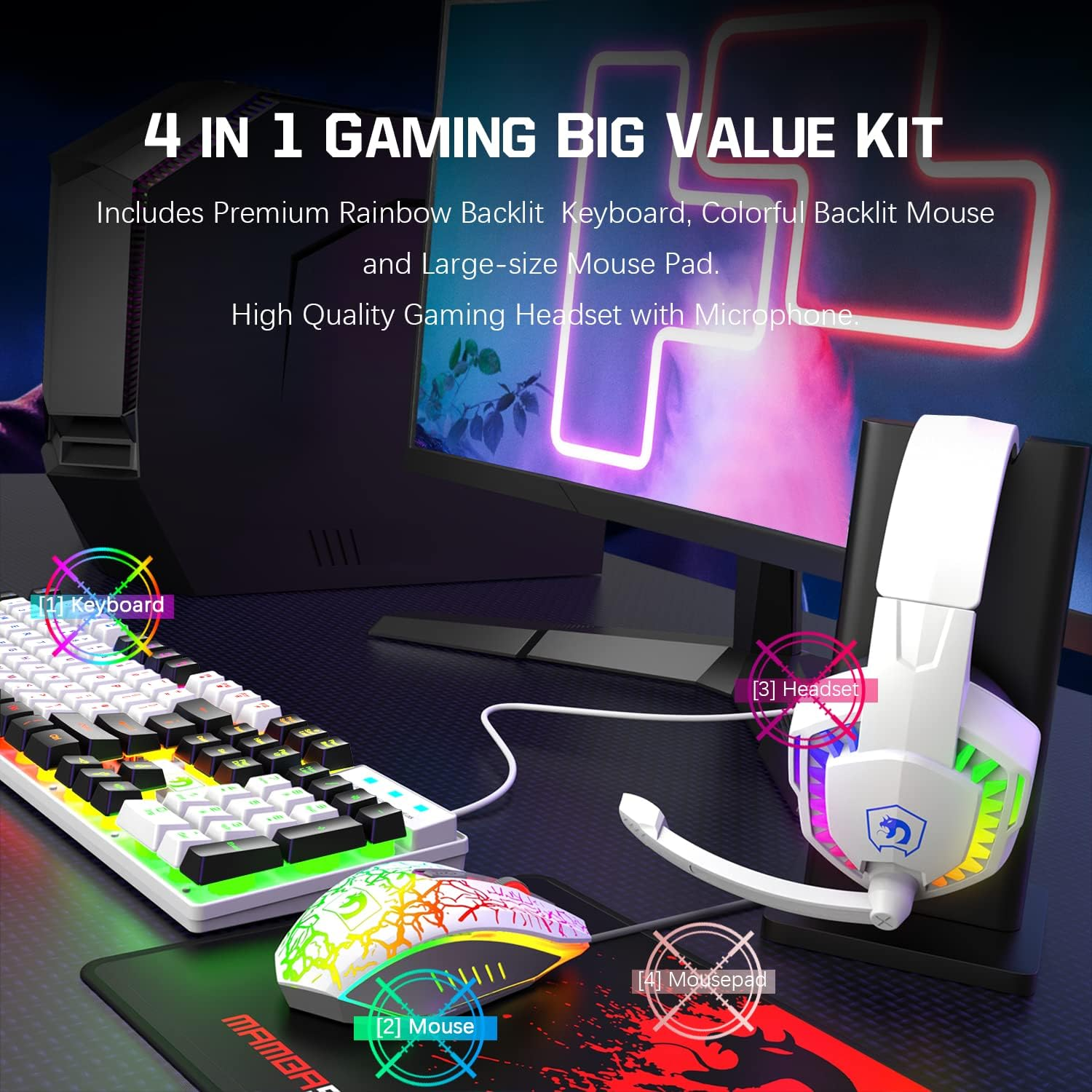 Wired Gaming Keyboard and Mouse and Mouse Pad and Gaming Headset,Rainbow LED Backlit Keyboard,Over Ear Headphone with Mic,Gaming Mice,Mouse Pad,For PC Gamers and Xbox and Ps4(White/Black) image number 6
