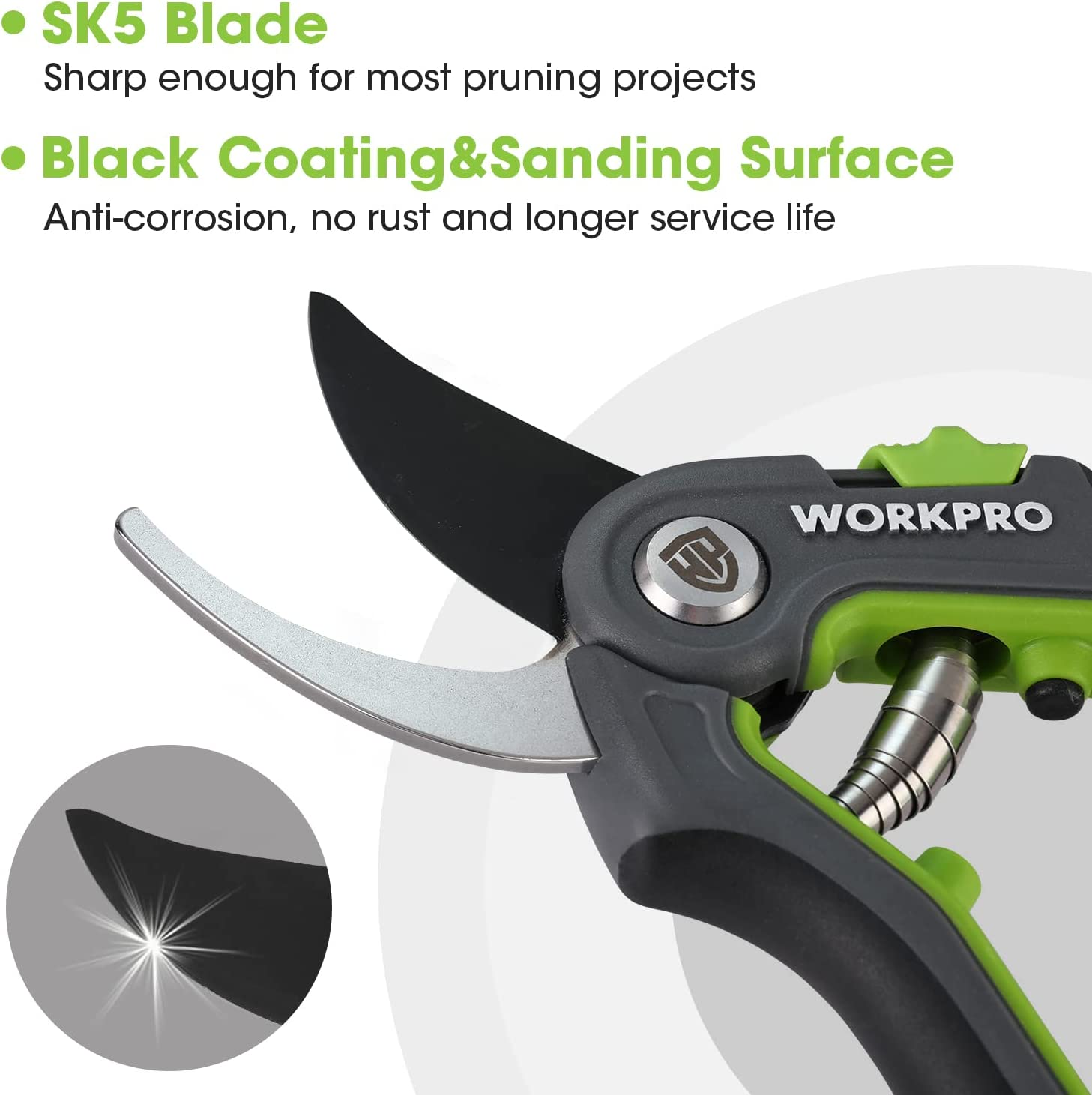 WORKPRO Bypass Pruning Shears, Stainless Steel Gardening Hand Pruner, Professional Garden Trimming Scissors with Sharp SK5 Steel Blades, Ideal Garden Tool,Green 203Mm Length image number 1