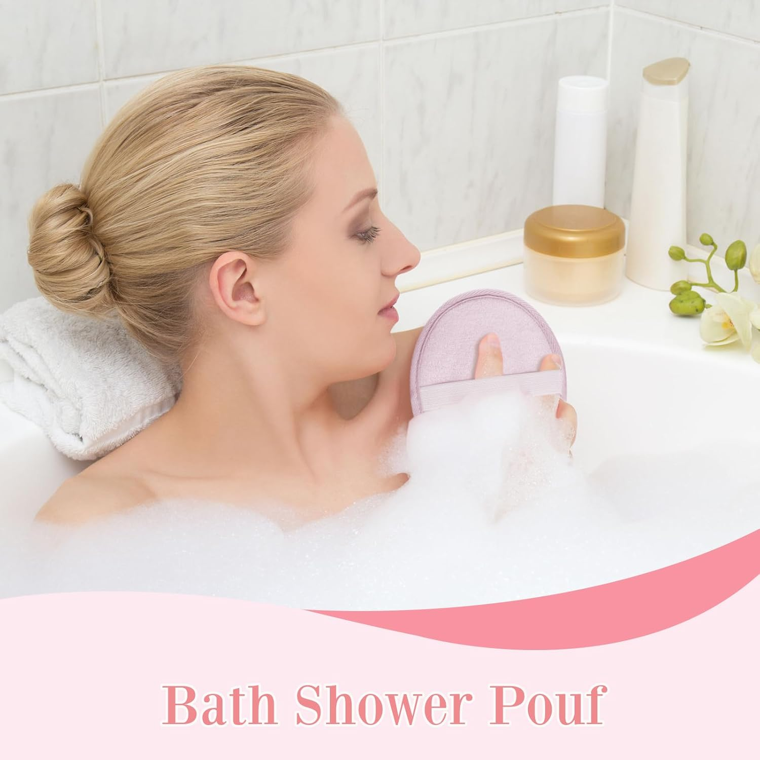 Boao Bath Shower Pouf Sponge Mesh Pouf Shower Ball Exfoliating Body Sponge Pad Scrubber Glove with Flower Bath Ball(3 Pcs,Purple) image number 3