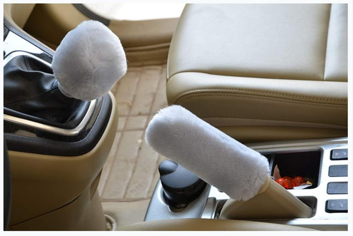 Luckyshd 2Pcs Set Soft Fluffy Auto Gear Shift Knob Cover Handbrake Grip Cover/Black - Creamy-White image number 3