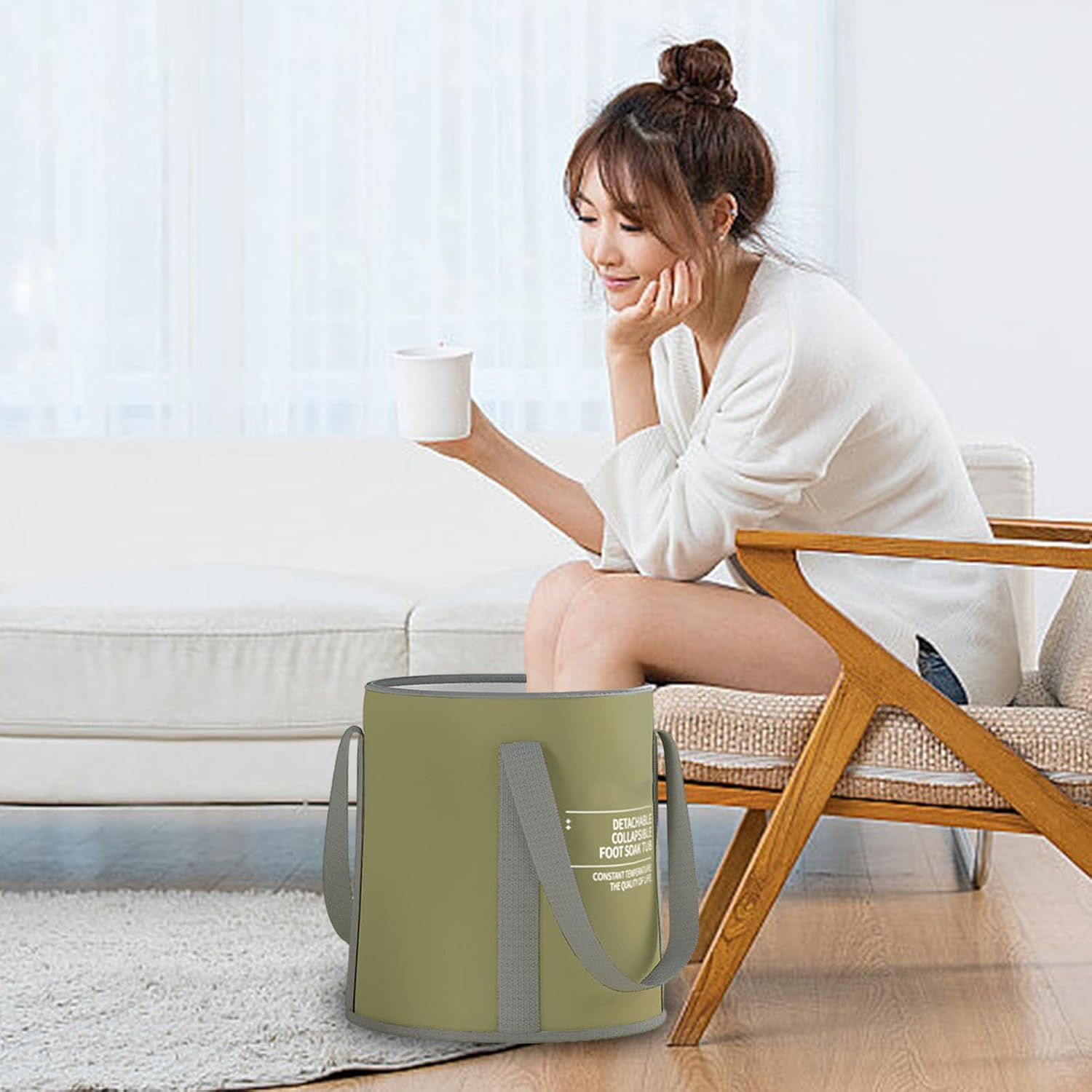 Portable Foot Bath | Foldable Feet Soaking Tub Foot Bath Basin | Portable Pedicure Foot Wash Basin with Handle for Foot Spa, Soak and Outdoor Camping Laundry Borato - Beige Without Lid image number 5