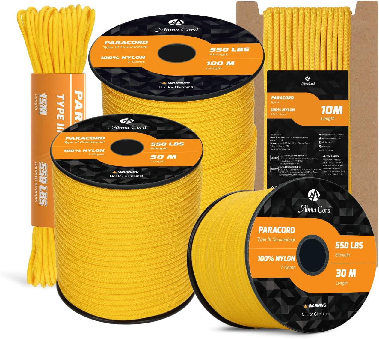 Abma Cord Paracord 550 4Mm 30M 100% Nylon Rope Type III 7 Strands Parachute Cord for DIY, Camping, Survival, Outdoor - Max. 250Kg - Black