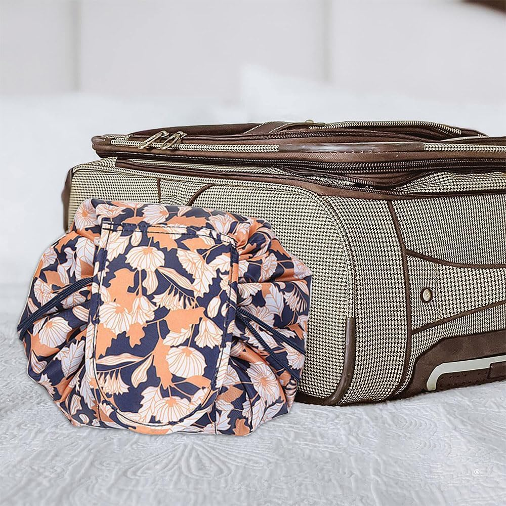 JZS Lazy Makeup Toiletry Bag, Drawstring Cosmetic Makeup Bag Organizer Portable Quick Pack Toiletry Bag for Travel, Gifts, and Daily Use(Flower and Black) image number 2