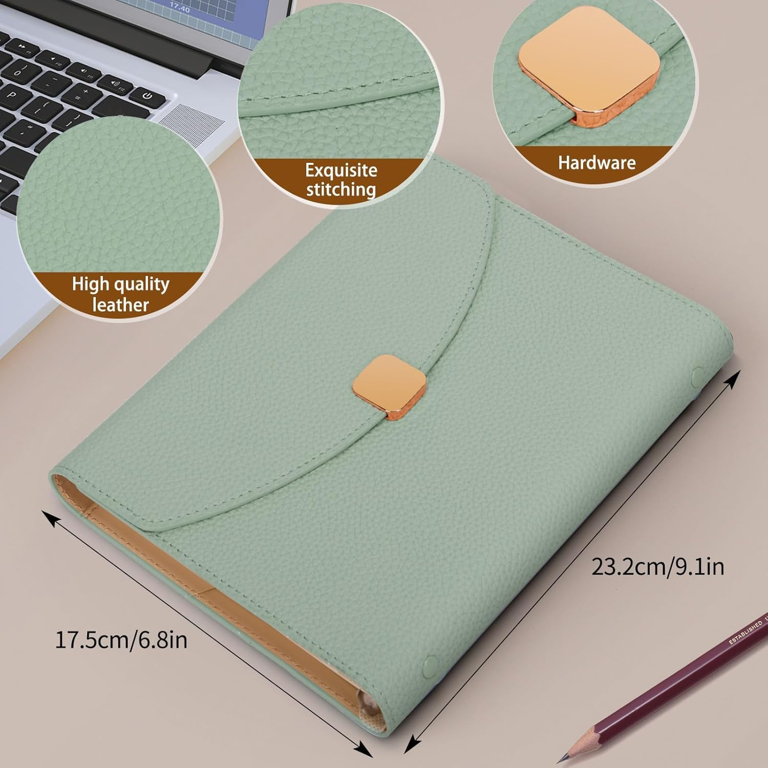 FYY PU Leather A5 Binder Notebook - Refillable 6 Ring Planner with 100 Sheets/200 Pages Refillable Lined Paper for School Office Travel - Sage Green