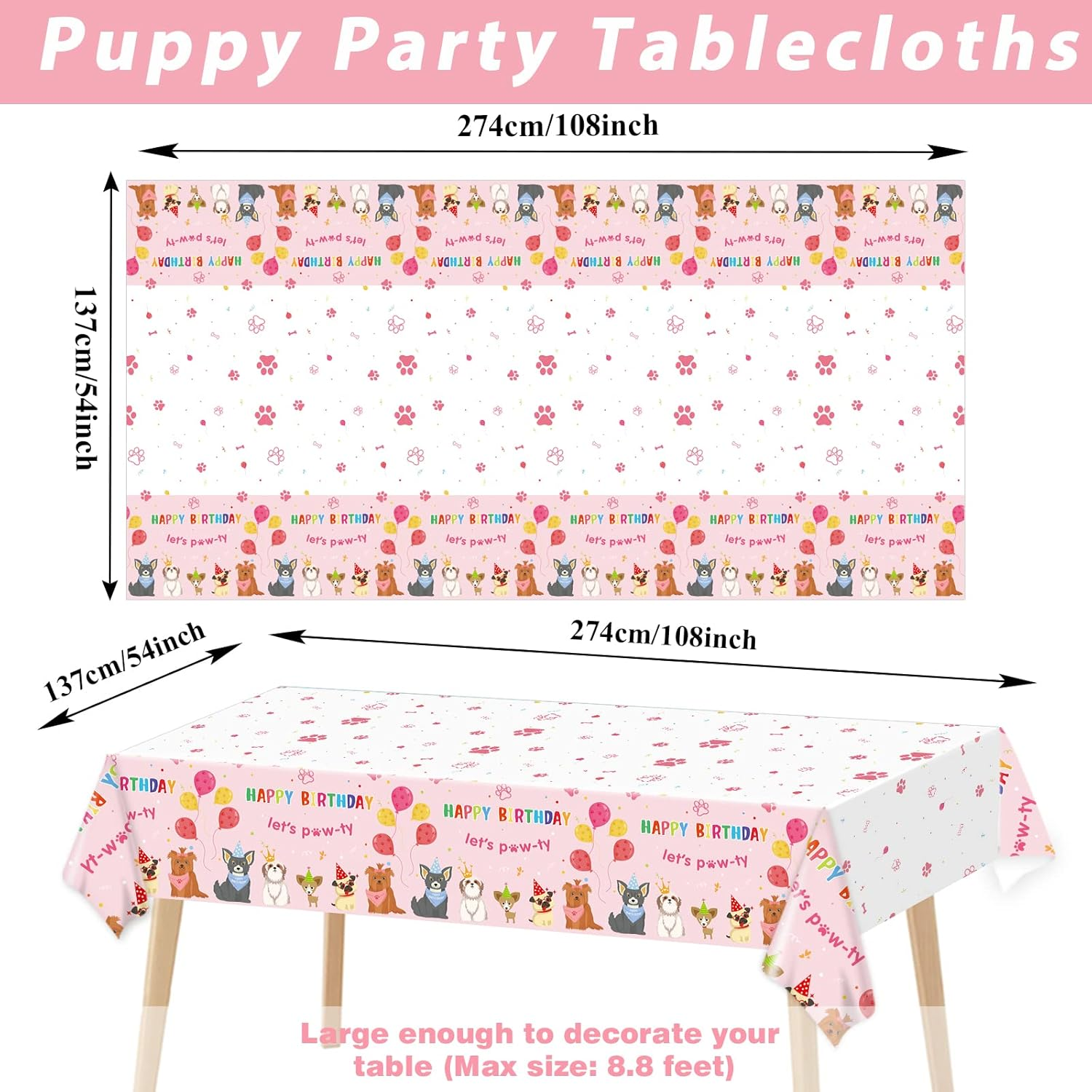 3 Pack Dog Birthday Party Decorations Pet Dog Tablecloths Puppy Table Covers Pink Dog Party Supplies Paw Print Table Decor for Girls Kids Lets Pawty Birthday Baby Shower Party Favor 54 X 108 Inch image number 3