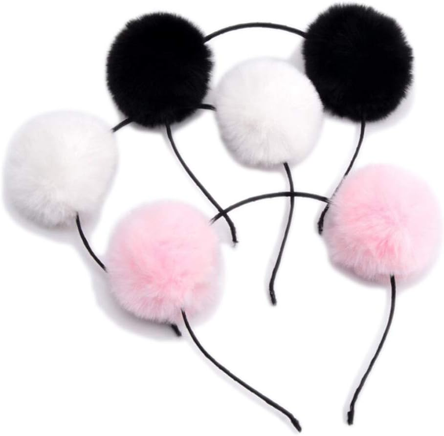 OHEETU 3 Pcs Panda Ears Headband Fluffy Pom Pom Hair Hoop Costume Party Head Wear Accessories for Halloween Christmas Birthday (Black+White+Pink) image number 4