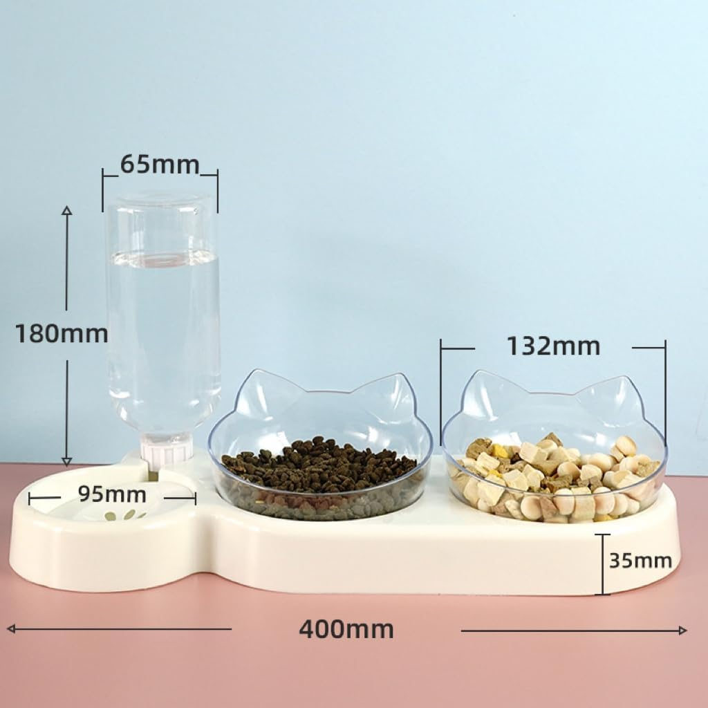 3-In-1 Cat Feeding Bowl Set, Double Bowl with Water Dispenser, Feeding Bowl for Cats and Small Dogs (Grey Base, Transparent Bowl) image number 1