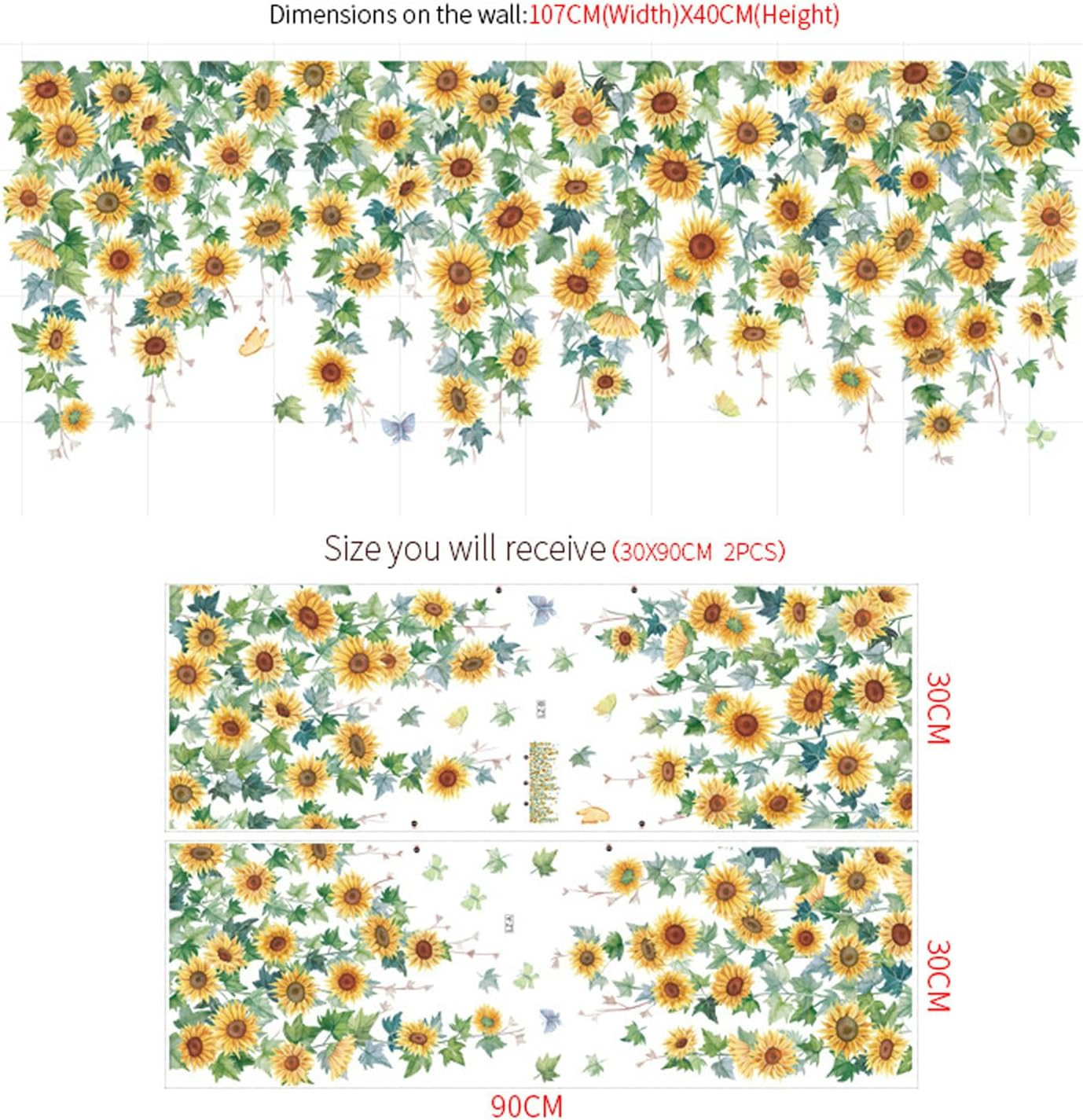 Sunflower Wall Sticker Flower Vines Hanging Wall Decal Green Leaves Floral Wall Art for Living Room Bedroom Home Decoration - Sunflower01 image number 1