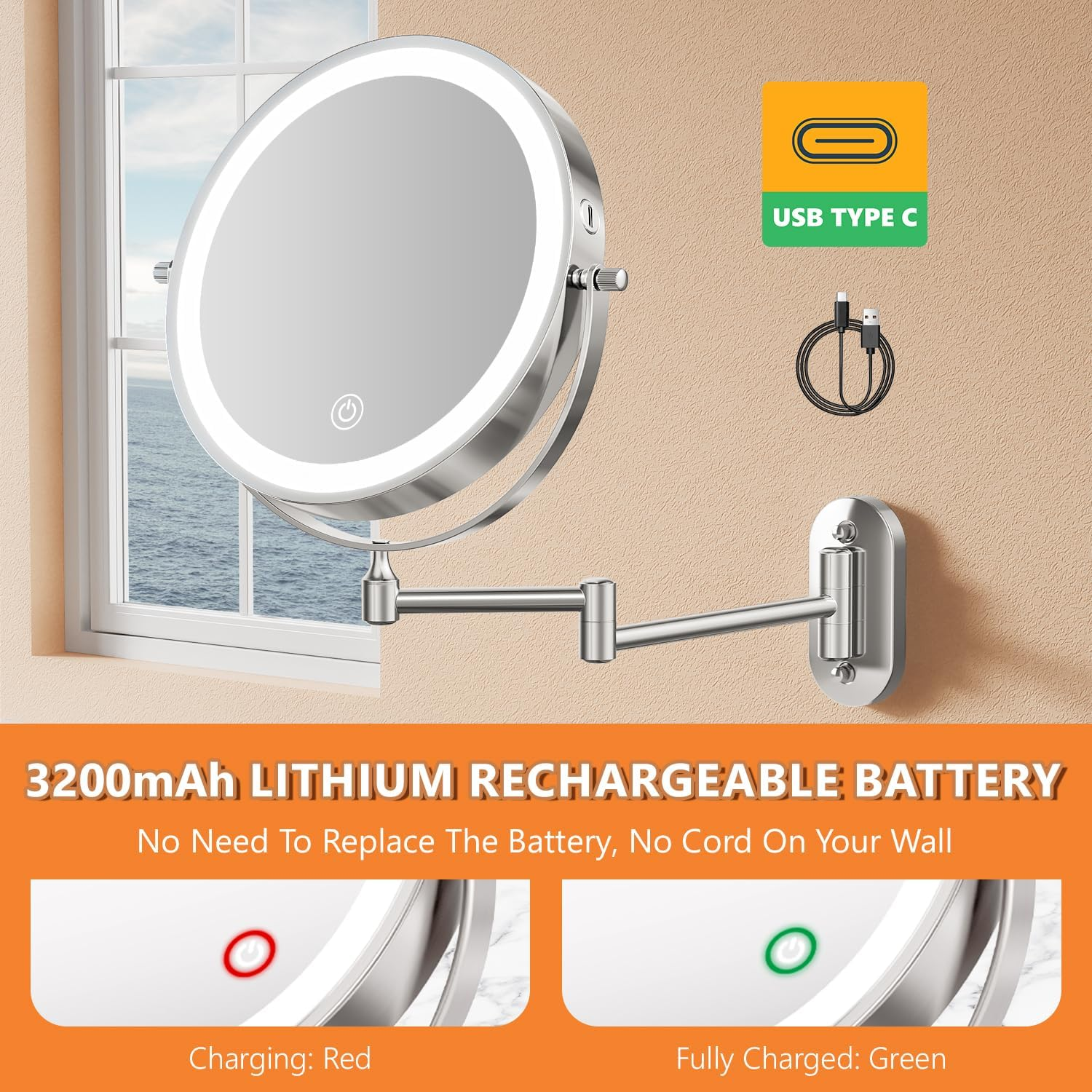 Auxmir 8'' Wall Mounted Lighted Makeup Mirror, 3200Mah Rechargeable Double-Sided 1X/20X Magnifying Mirror with Light, Touch Dimmable 3 Color Light, 360&deg; Rotation Foldable Extended Arm, Chrome image number 6