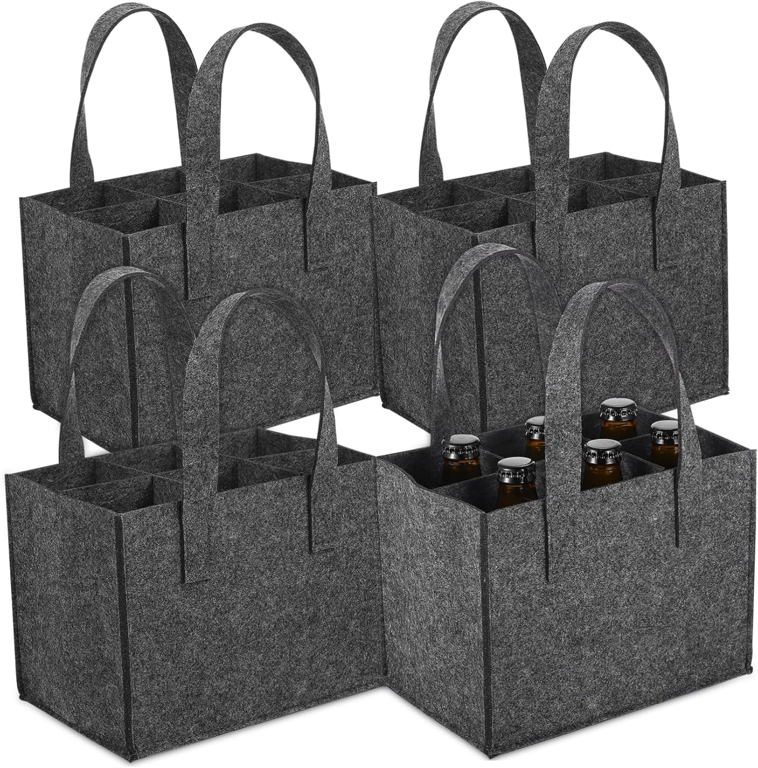 IWOWHERO 4Pcs Felt Bottle Carrier Handbag for 6 Bottles, Medium Grey Felt Wine and Beer Tote Bag 24X16X16Cm for Travel Camping and Picnic image number 4