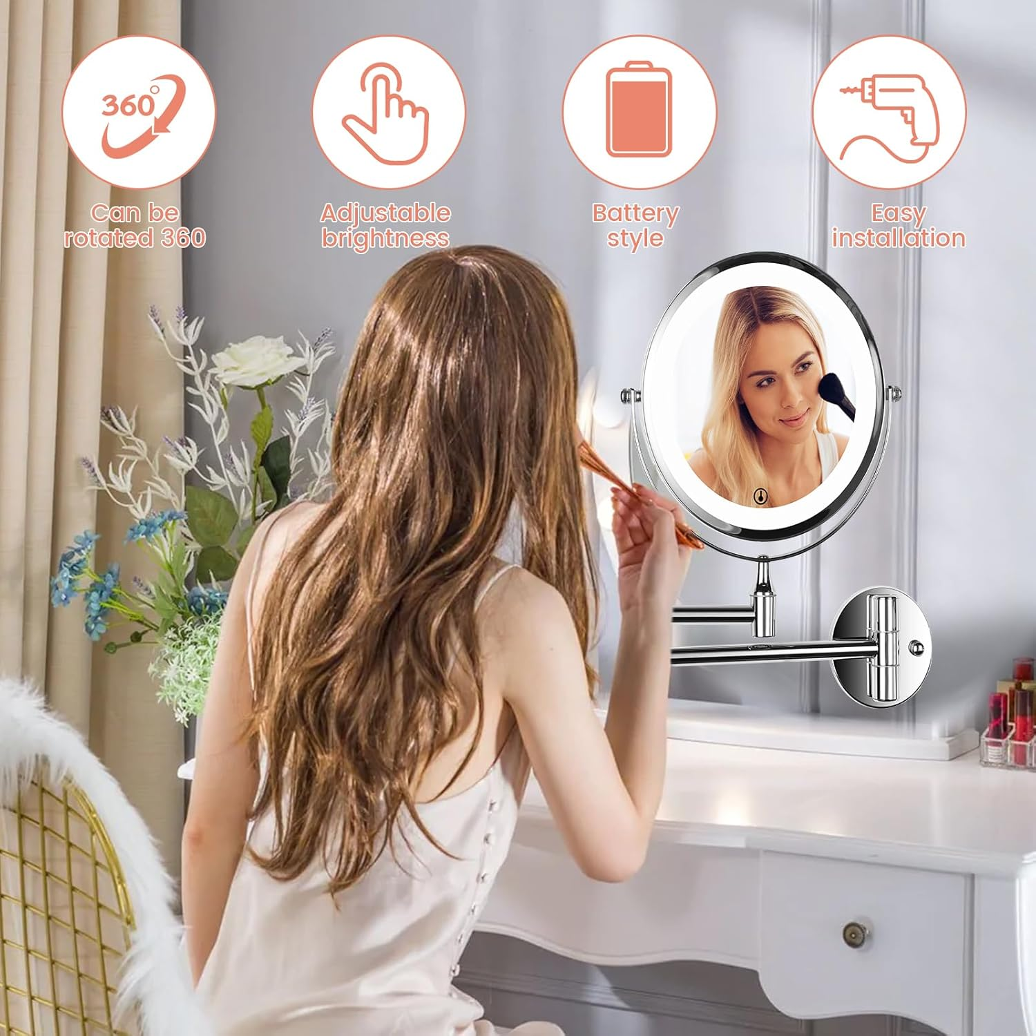 Lighted Makeup Mirror with 21 LED Lights, Wall Mounted Vanity Mirror, 360&deg; Swivel Infinitely Dimmable Double Sided 1X 3X Magnifying Mirror, Battery Powered Cosmetic Mirror for Bedroom Bathroom image number 1