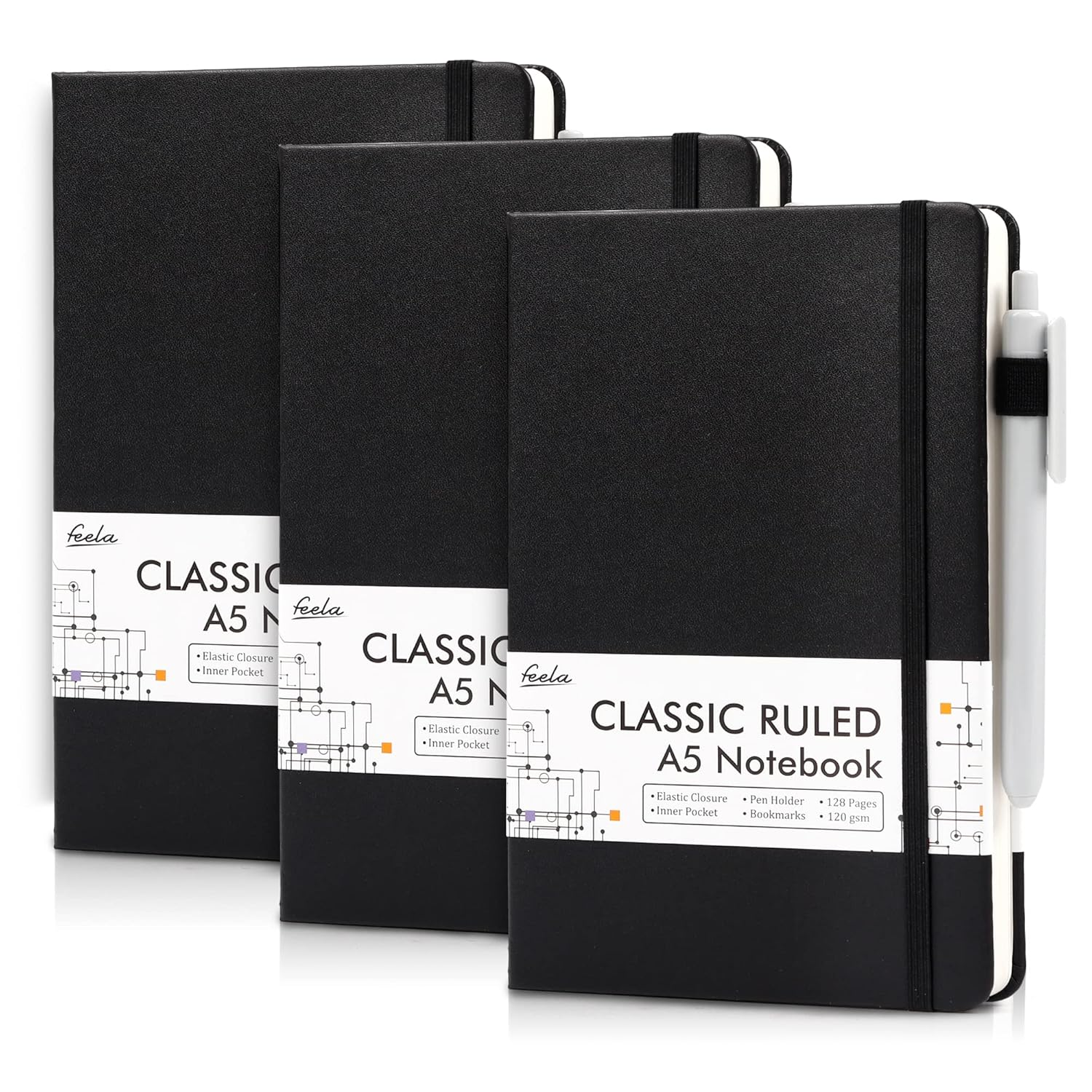 Feela 3 Pack Notebook Journals Bulk with 3 Black Pens, A5 Hardcover Notebooks Classic Ruled Lined Journal Set with Pen Holder for Work Business Journaling Note Taking, 120 GSM, 5.1&rdquo;X8.3&rdquo;, Black