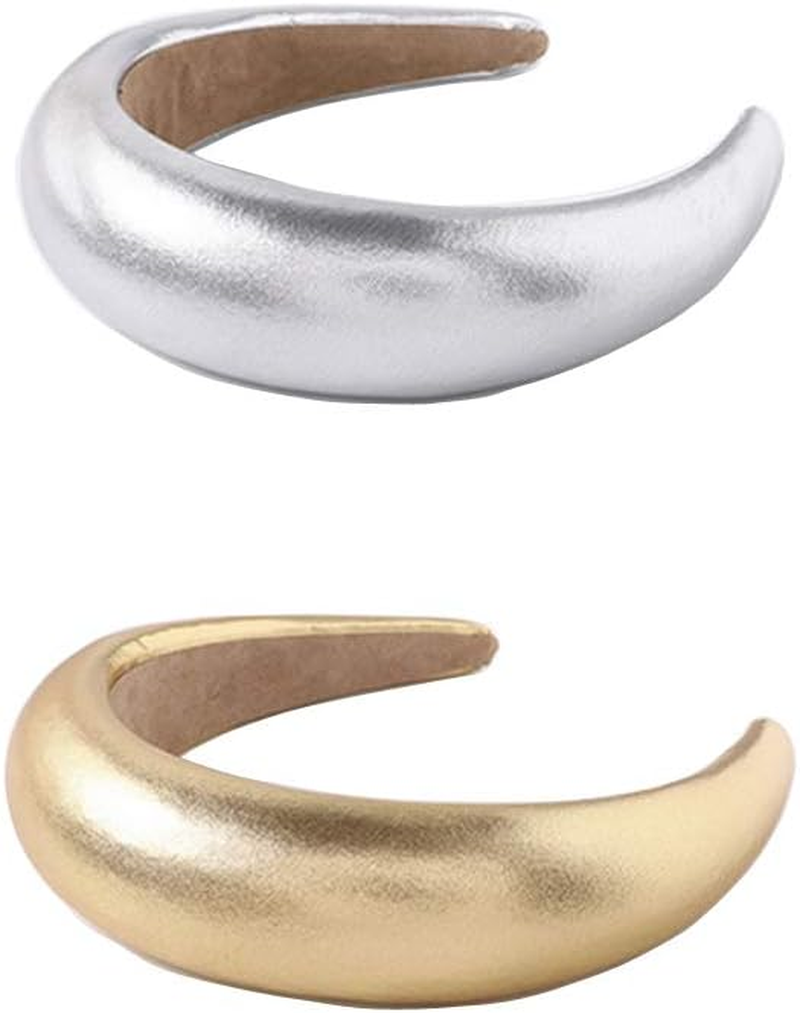 2 Pieces Vintage Leather Headbands Wide Padded Non-Slip Fashion Hair Hoop Headband Costume Accessory for Party Daily Wear (Gold+Silver) image number 6