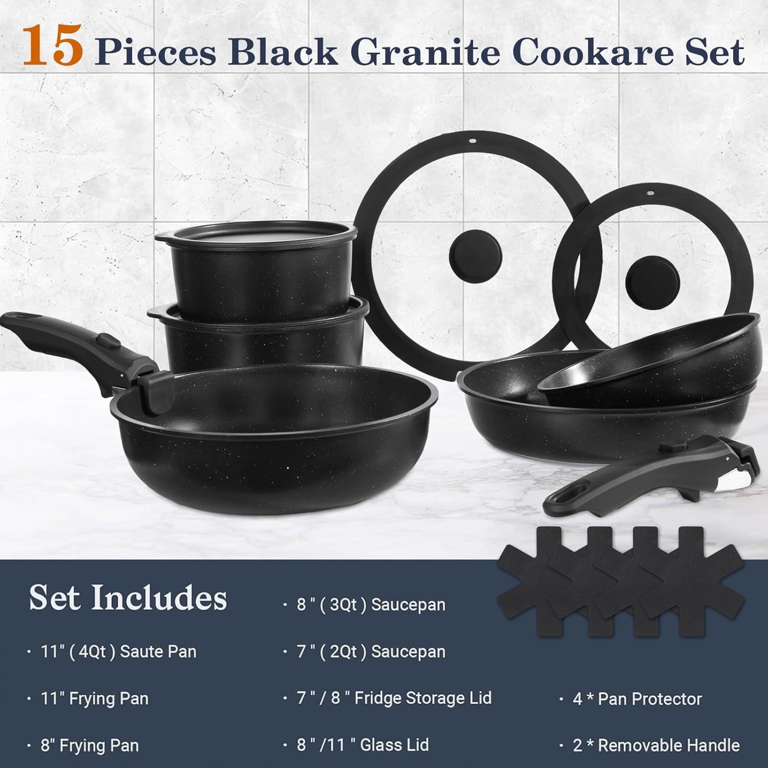 15 Piece Pots and Pans Set, Safe Nonstick Cookware Set Detachable Handle, Induction Kitchen Cookware with Removable Handle, RV Cookware Set, Dishwasher & Oven Safe image number 3