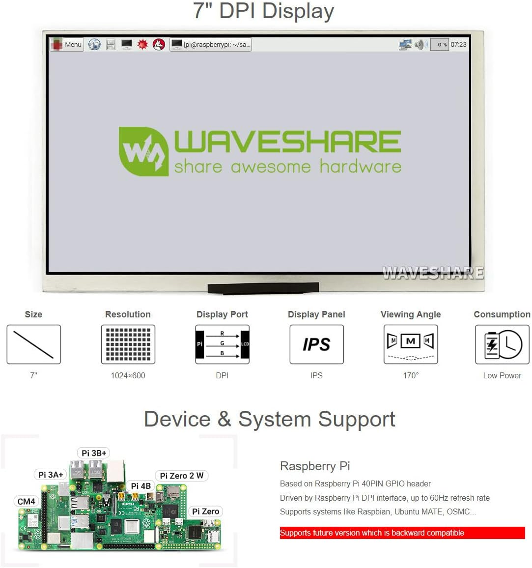 Waveshare 7Inch Small Display for Raspberry Pi 1024&times;60 Resolution DPI Interface IPS No Touch Supports Systems like Raspbian, Ubuntu Mate, OSMC.. - 4Inch Dpi Lcd (C) image number 4