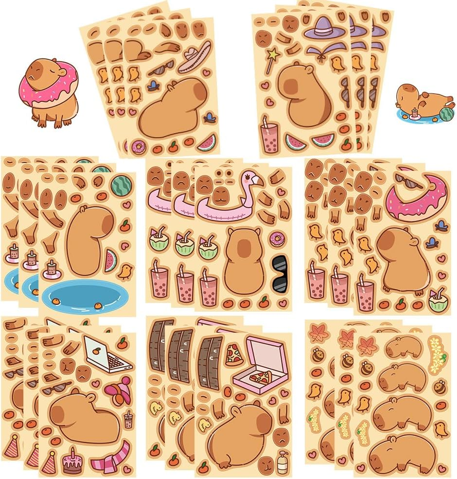 24 Sheets Make Your Own Capybara Stickers for Kids,Make a Face Stickers Make-A-Face Party Favors DIY Stickers for Children,Tear Resistant Reusable Sticker,Gift of Festival,Reward, Art Craft,School image number 2