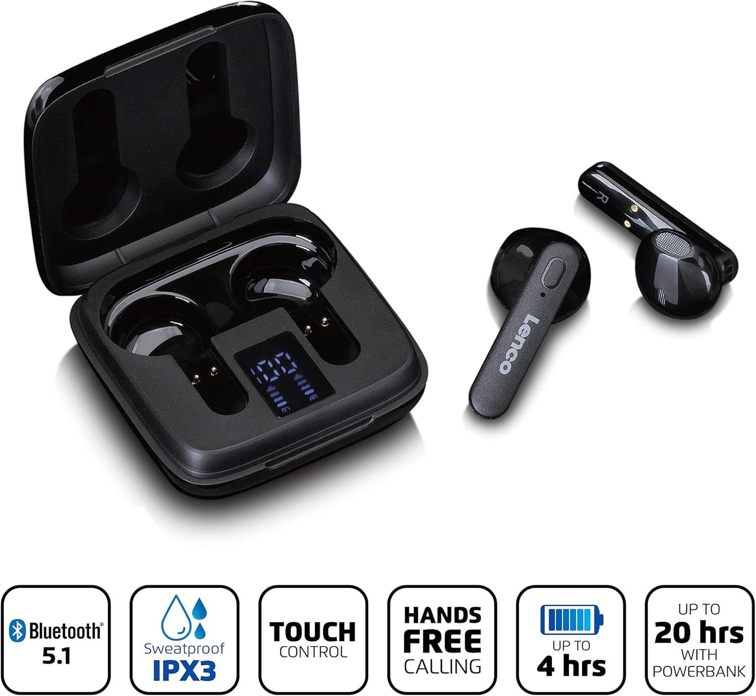 Lenco EPB-430BK True Wireless In-Ear Headphones with Bluetooth, Wireless Ear Buds, Wireless Charging, USB-C Charging, Charging Case with Display, Black image number 6