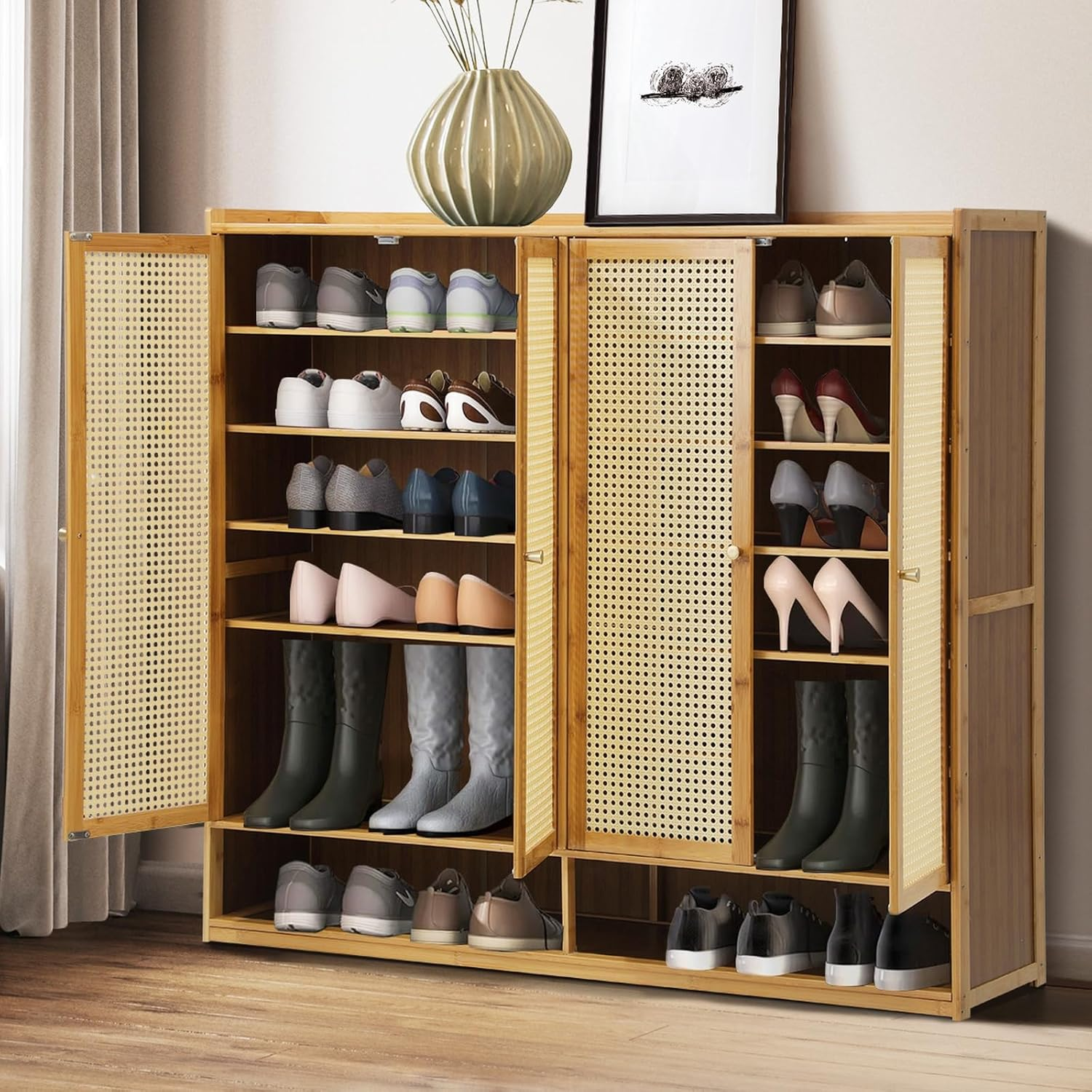 Oikiture Shoe Storage Cabinet with Rattan Door and 6 Tier Shelves Shoe Rack Storage Hallway Wooden
