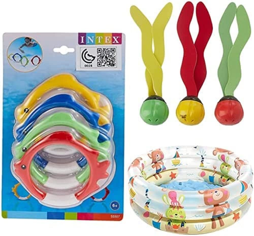 Intex 55507 Underwater Fish Rings + Intex Underwater Fun Balls Underwater Fun Balls, Assorted Colors, 3 + INTEX Beach Buddies 3-Ring Baby Pool, Assorted