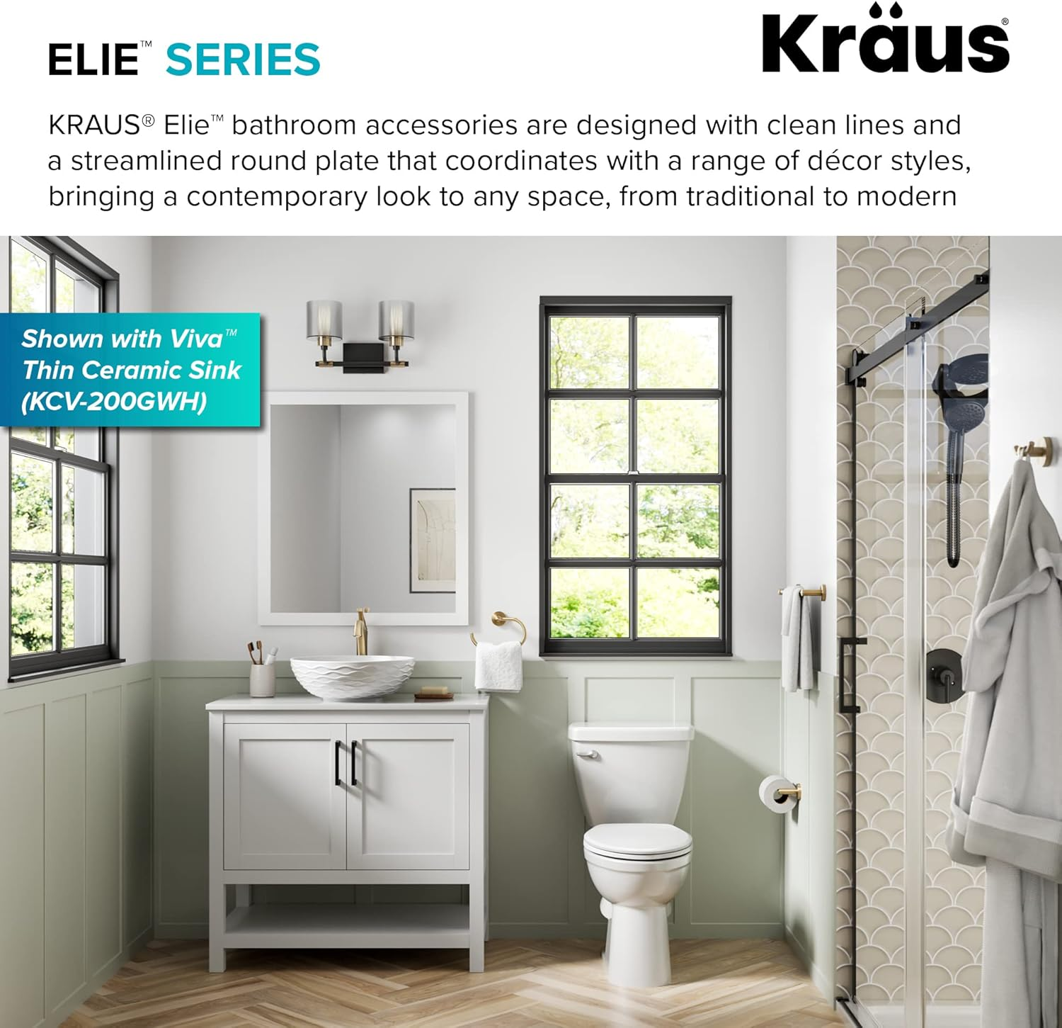 Kraus Elie Glass Bathroom Corner Shower Shelf with Rail in Brushed Gold, KEA-18846BG image number 2