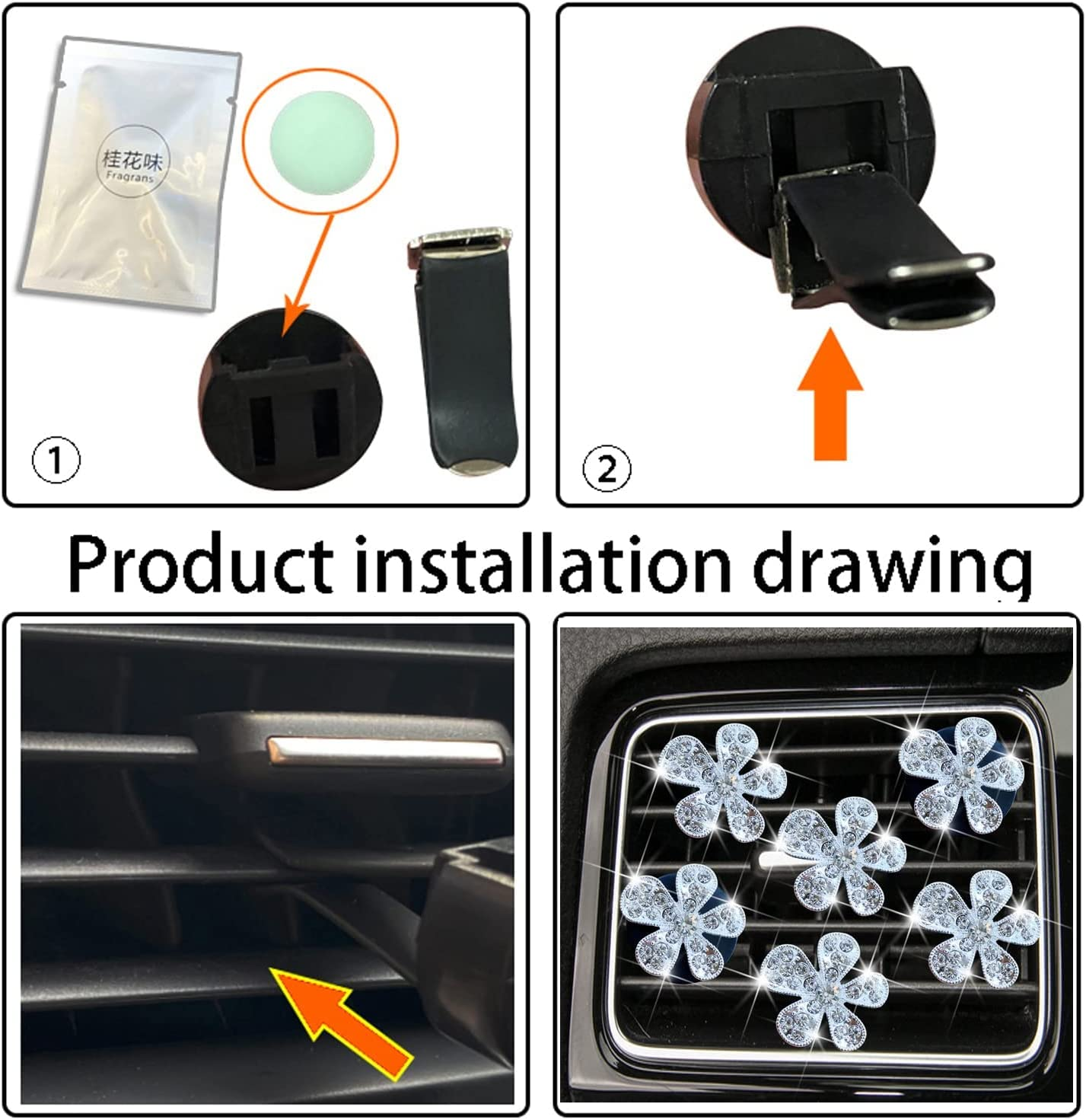 Bling Flower Air Vent Clips, 6 Pcs Cute Daisy Air Fresheners, Diffuser with Rhinestone Interior Decoration Charm, Diamond Decor Accessories for Women Girls image number 2