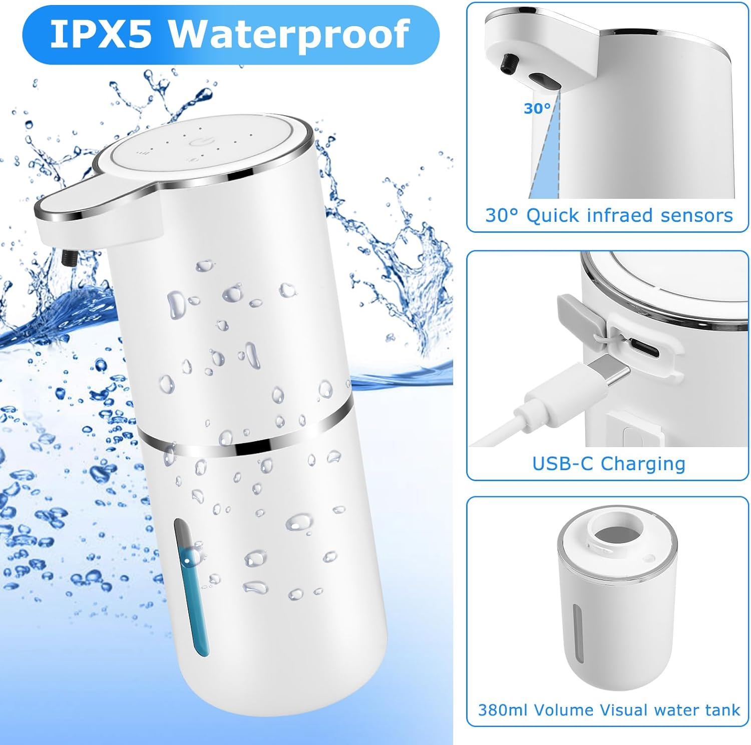 2 Pack Automatic Soap Dispenser,Automatic Liquid Soap Dispenser Touchless,12.8Oz/380Ml USB Rechargeabled Wall Mounted Smart Soap Dispensers for Bathroom Kitchen Dish Soap image number 1