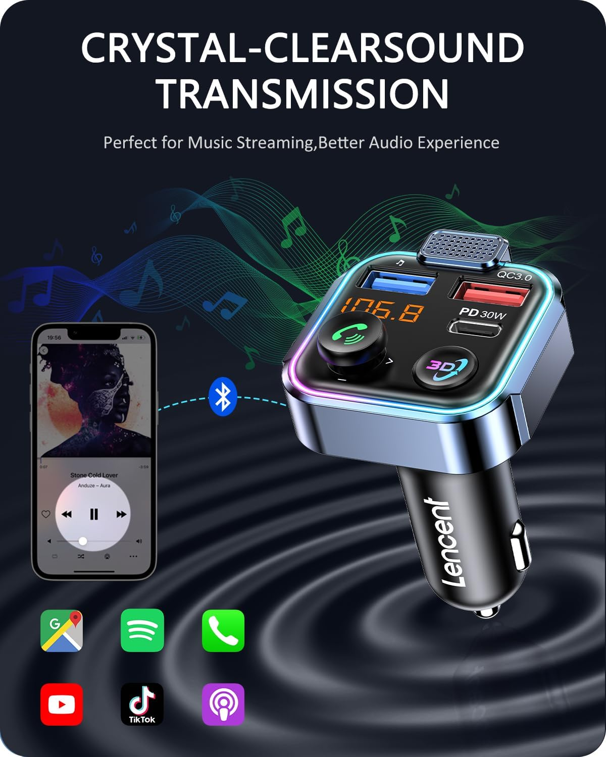 LENCENT Bluetooth 5.3 FM Transmitter, Wireless Radio Adapter Car Kit with Type-C PD 30W+ QC3.0 Fast USB Charger, Hands-Free Calling, Audio Stereo Mp3 Player Receiver, Supports U Disk, Color Light image number 2
