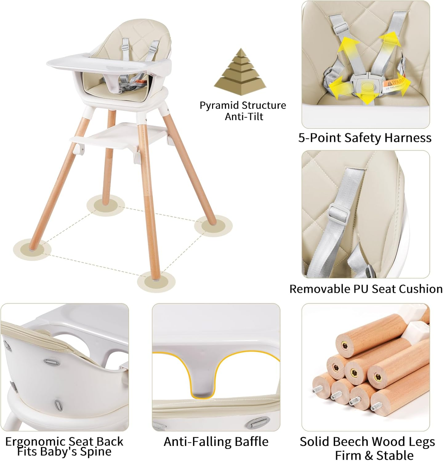 6 in 1 Baby High Chair, Convertible Wooden High Chairs/Booster Seat for Babies and Toddlers, Baby Feeding Chair with 5-Point Harness/Double Removable Tray & Adjustable Footrest (Beige) image number 1