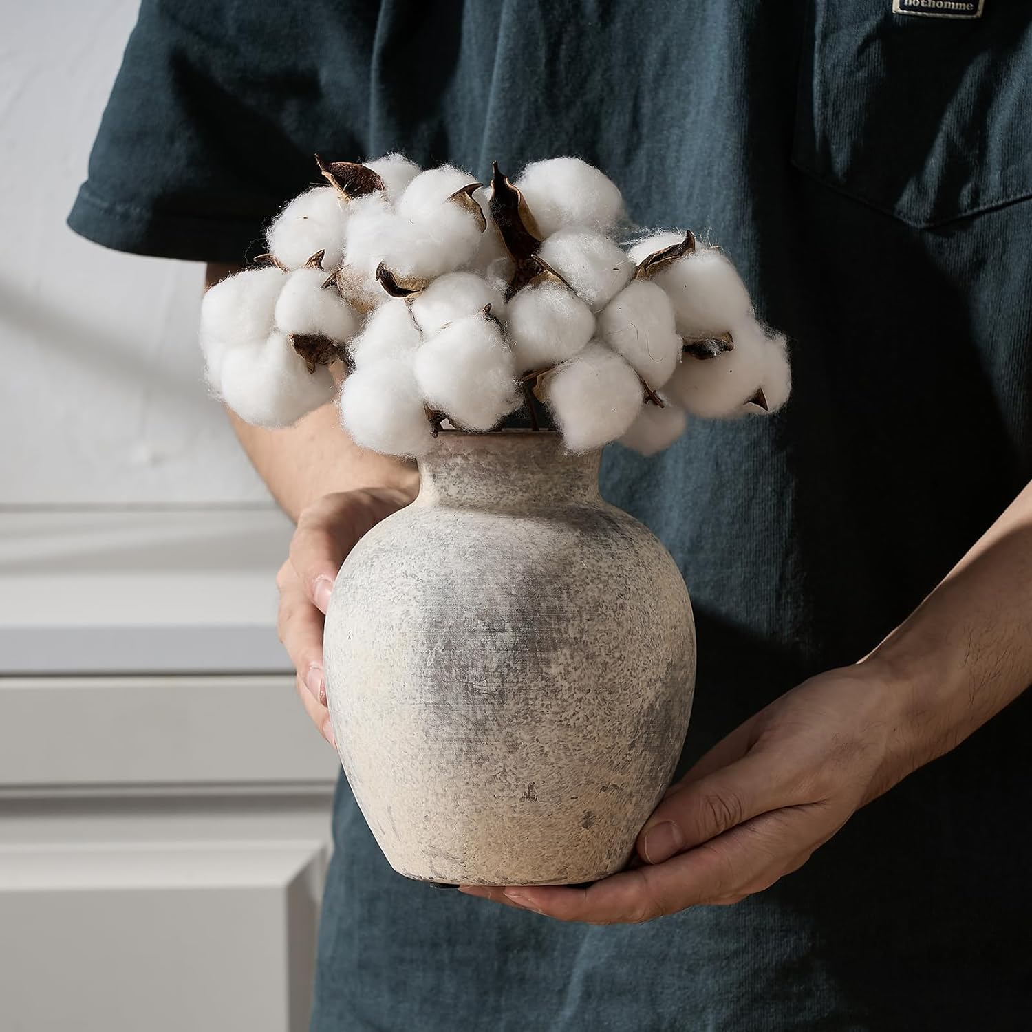 SIDUCAL Ceramic Decorative Flower Vase | 6 Inch Pottery Rustic Farmhouse Vase | Boho Vase for Home Decor | Whitewashed Terracotta Vase for Table, Living Room, Bathroom, Shelf, Mantel Decoration - 443-Bronze image number 7