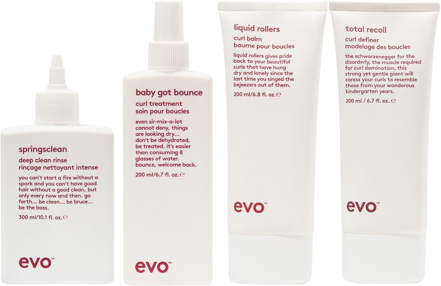 Evo Curly Hair Care Routine Bundle: Springsclean Shampoo, Baby Got Bounce Curl Treatment, Liquid Rollers Curl Balm & Total Recoil Curl Definer image number 1