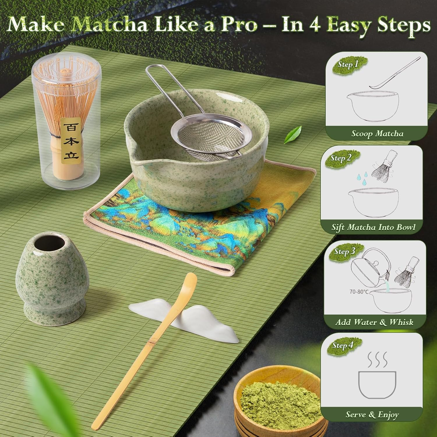 Matcha Whisk Set, 7-Piece Matcha Tea Set &ndash; Ceramic Bowl, Bamboo Whisk & Holder, Scoop & Rest, Sifter, Tea Towel &ndash; Traditional Tea Kit for Home, Kitchen & Gift Giving image number 2