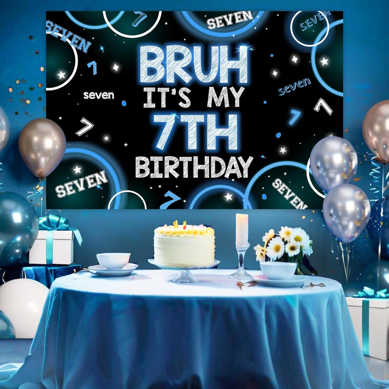Wonmelody Bruh It&rsquo;S My 7Th Birthday Decor 4.92*3.28Ft Bruh It&rsquo;S My 7Th Birthday Backdrop Banner Blue Black 7Th Birthday Decor for Boy Happy 7Th Birthday Party Supplies Seven Years Old Photo Booth Prop image number 1