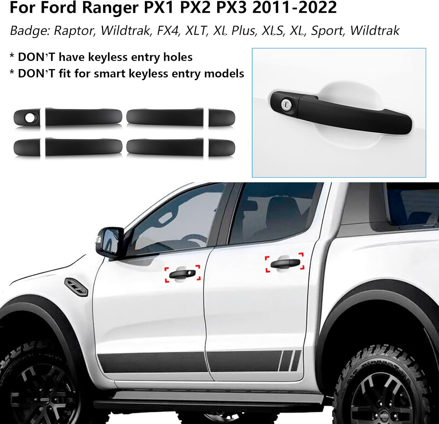 Car Door Handle Cover Scratch Protector for Ford Ranger PX1 PX2 PX3 2011-2022 Accessories, Key Entry Exterior Door Handle Cover Trims Guards, Matte Black 4PCS image number 1