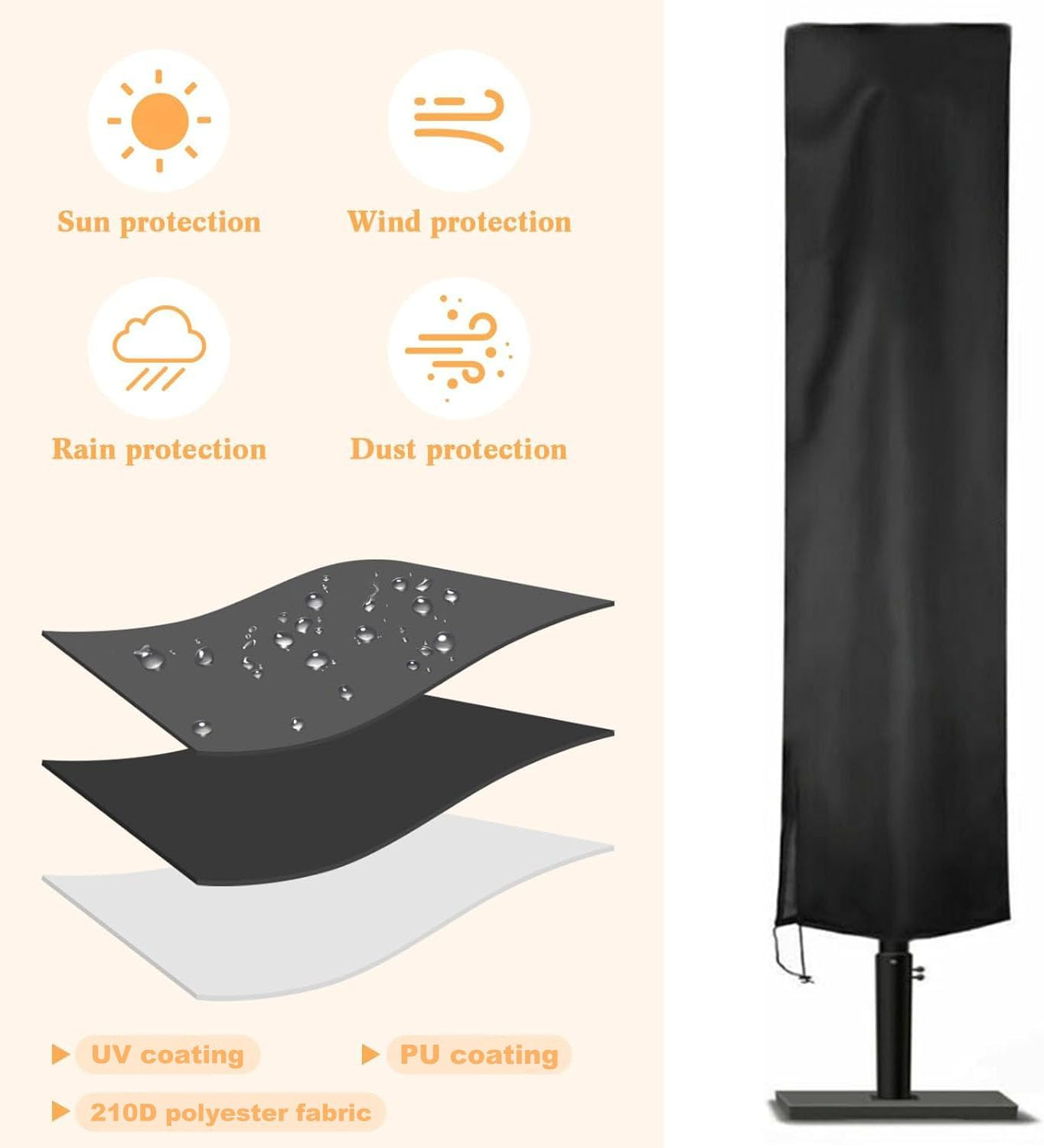 Patio Umbrella Cover, Black Waterproof Patio Parasol Covers with Zipper and Storage Bag, Outdoor Garden Windproof Anti-Uv Protective Cover Fit for 2-3M Outdoor Parasol (240X57X57Cm)