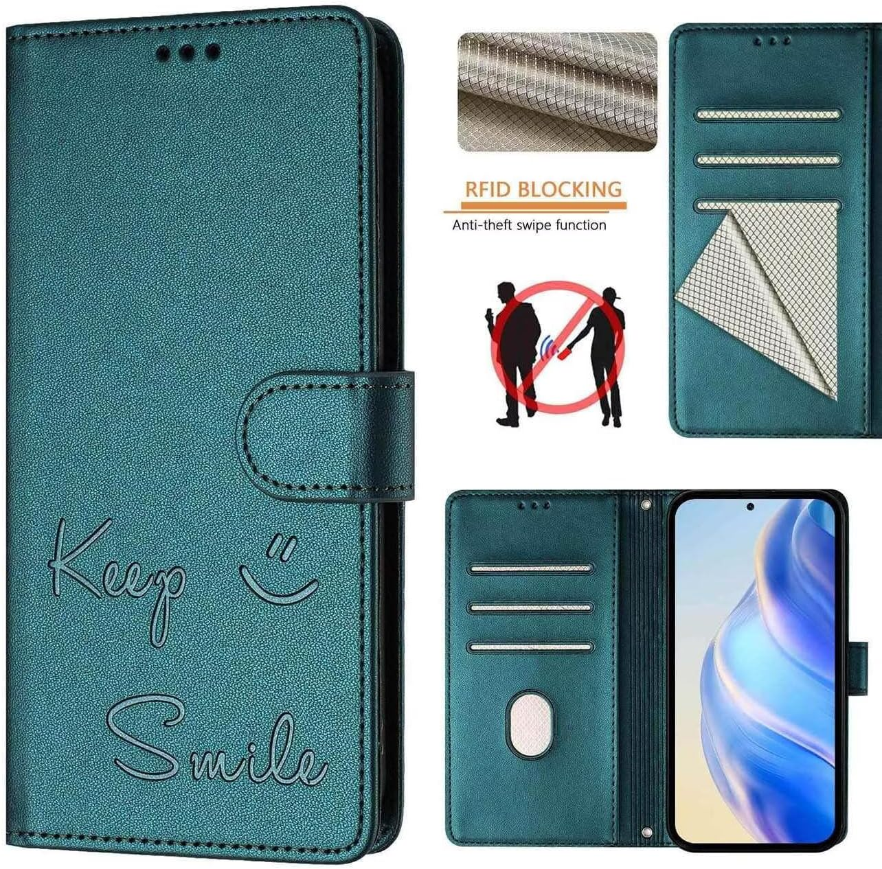 YUEQIAN Case for Xiaomi Redmi 15C 4G Protective Case, Embossed Letters Premium PU Leather Flip Wallet Shockproof Mobile Phone Case with Stand/Card Slot/Rfid Protection, Green - Green image number 4